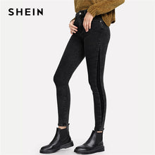 Load image into Gallery viewer, SHEIN Grey Streetwear Mid Waist Elegant Pocket Patched Crop Skinny Button Fly Zipper Fly Jeans 2018 Autumn Women Trousers