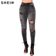 Load image into Gallery viewer, SHEIN Grey Shredded High Waist Jeans Ripped Jeans For Women 2019 Spring High Street Casual Pencil Pants High Waisted Jeans