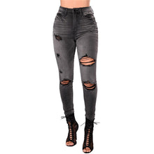 Load image into Gallery viewer, SHEIN Grey Shredded High Waist Jeans Ripped Jeans For Women 2019 Spring High Street Casual Pencil Pants High Waisted Jeans