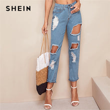 Load image into Gallery viewer, SHEIN Blue Destroyed Ripped Detail Cut-out Crop Jeans Women Spring Casual Denim Trousers Steetwear Solid Pencil Pants Jeans