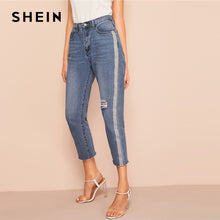 Load image into Gallery viewer, SHEIN Navy Side Striped Tape Ripped Detail Crop Tapered Jeans Women Elegant OL Work 2019 Spring Solid High Waist Trousers